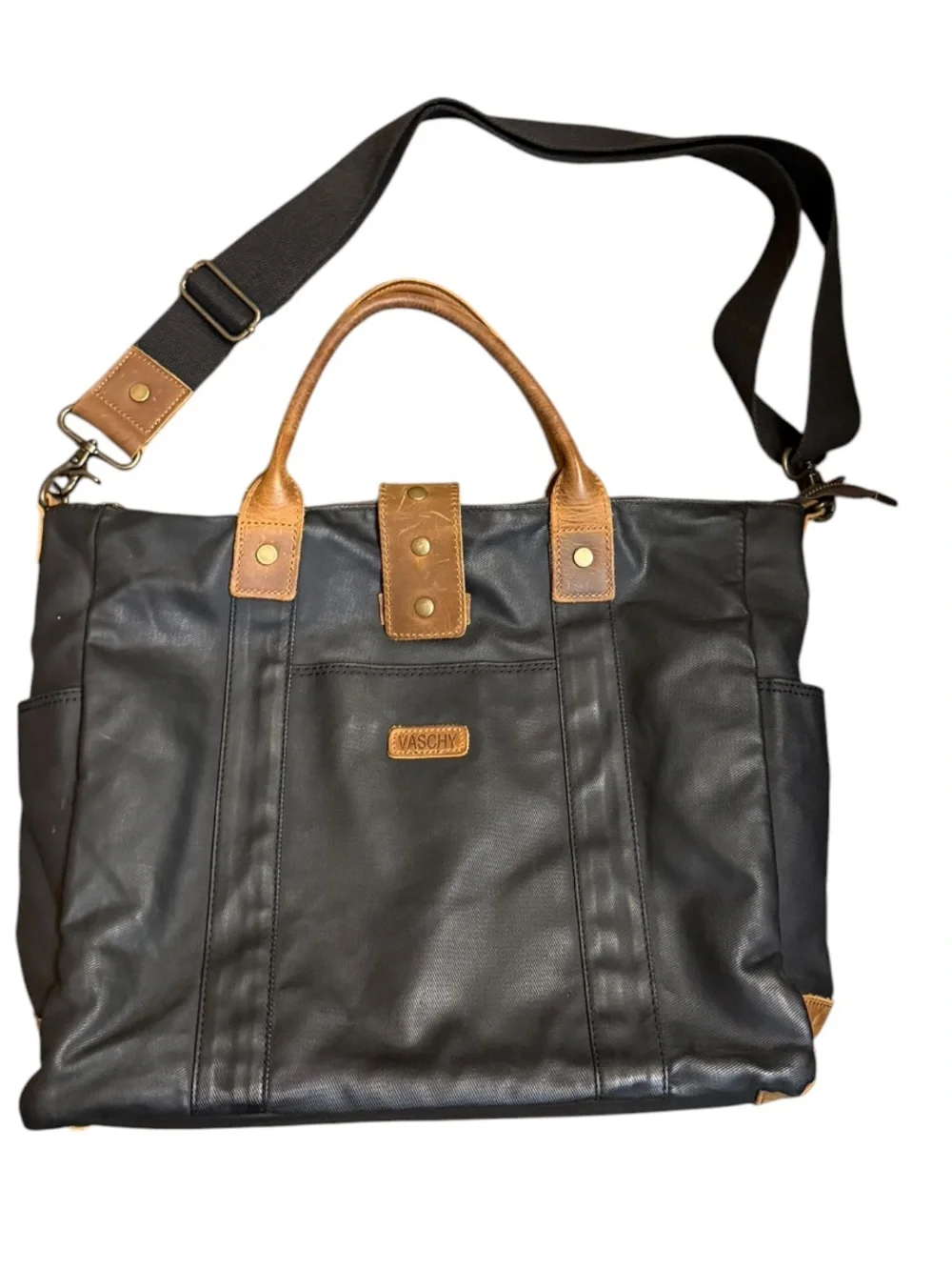 VASCHY Waxed Canvas Leather High Capacity Laptop Crossbody Bag Black Brown Tote